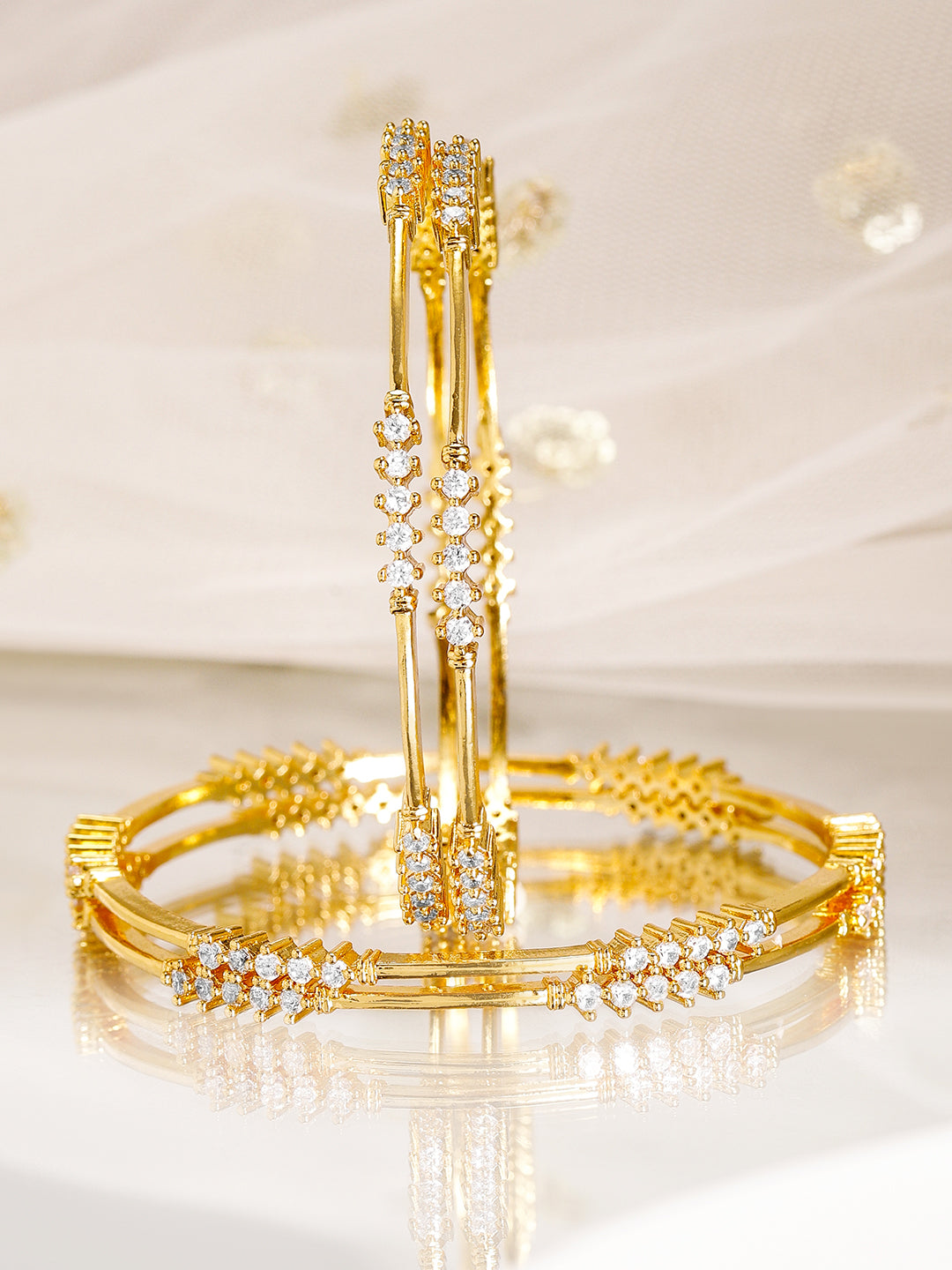 Rubans Set of 4, 22K Gold-Plated & Cubic Zirconia Studded Handcrafted Bangles 45749