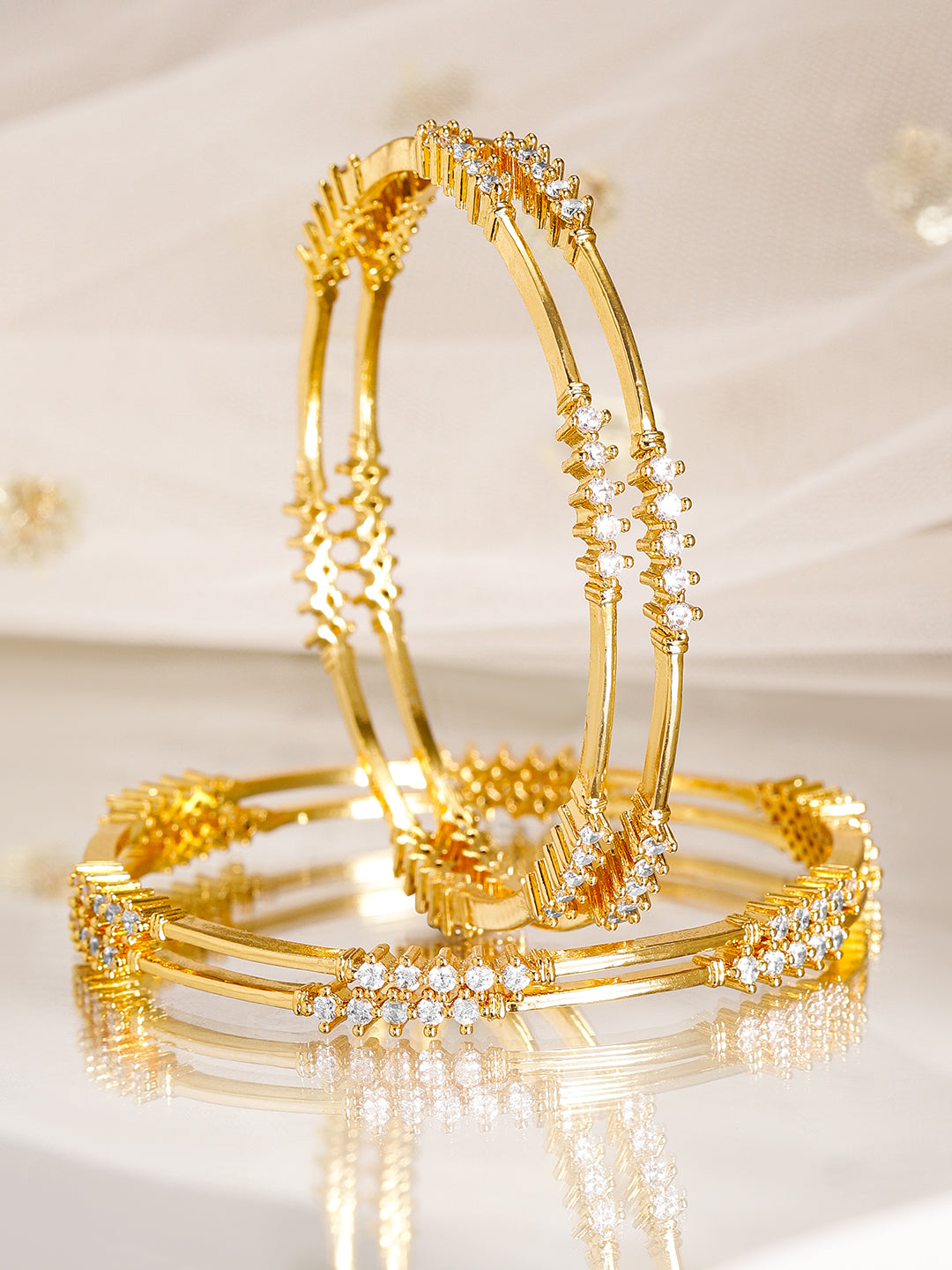 Rubans Set of 4, 22K Gold-Plated & Cubic Zirconia Studded Handcrafted Bangles 45749