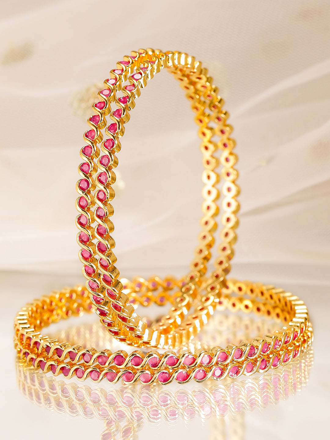 Rubans Set of 4, 22K Gold-Plated Ruby Pink Stone Studded Handcrafted Bangles 2.4 - Small