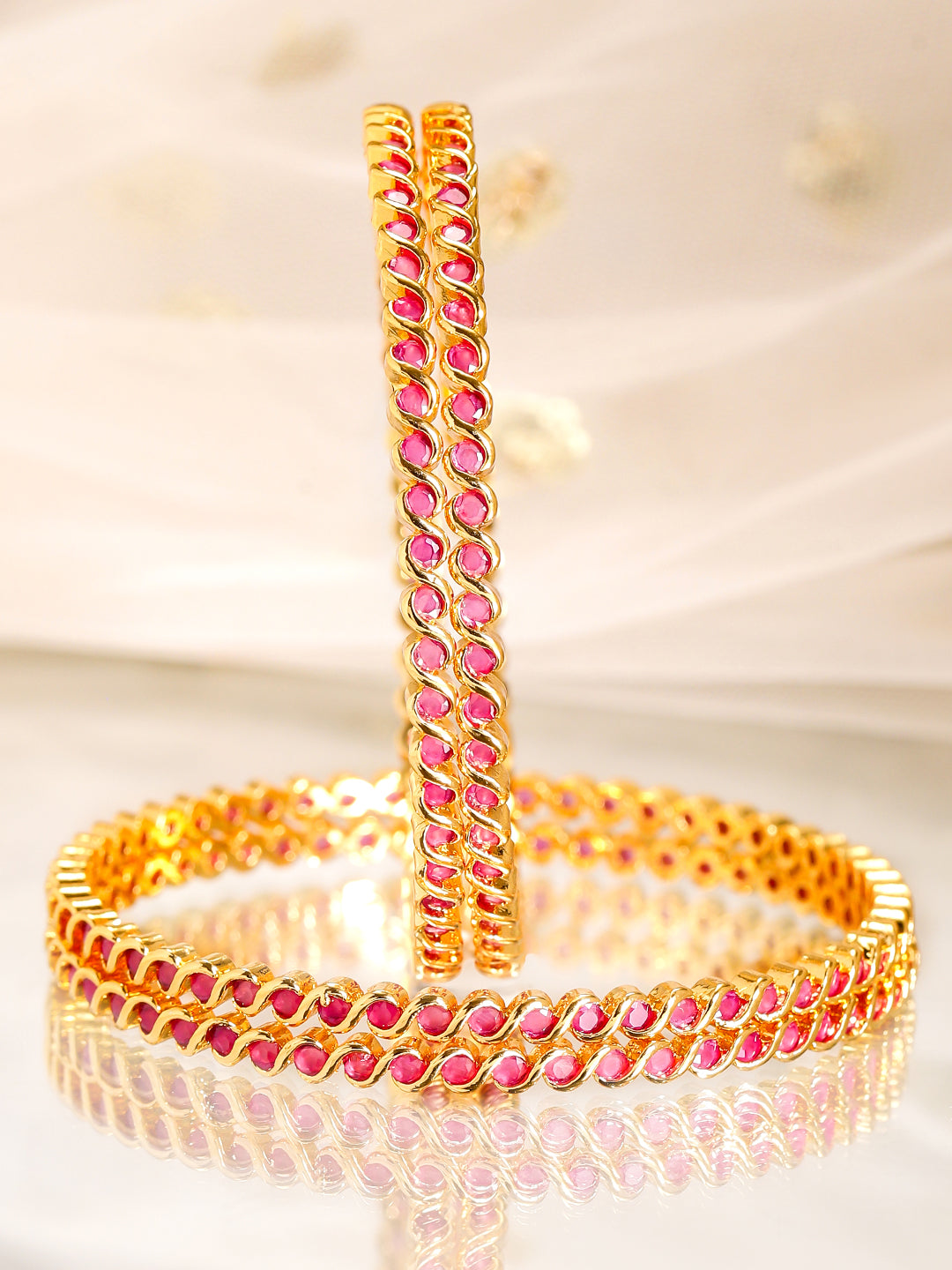 Rubans Set of 4, 22K Gold-Plated Ruby Pink Stone Studded Handcrafted Bangles 2.8 - Large