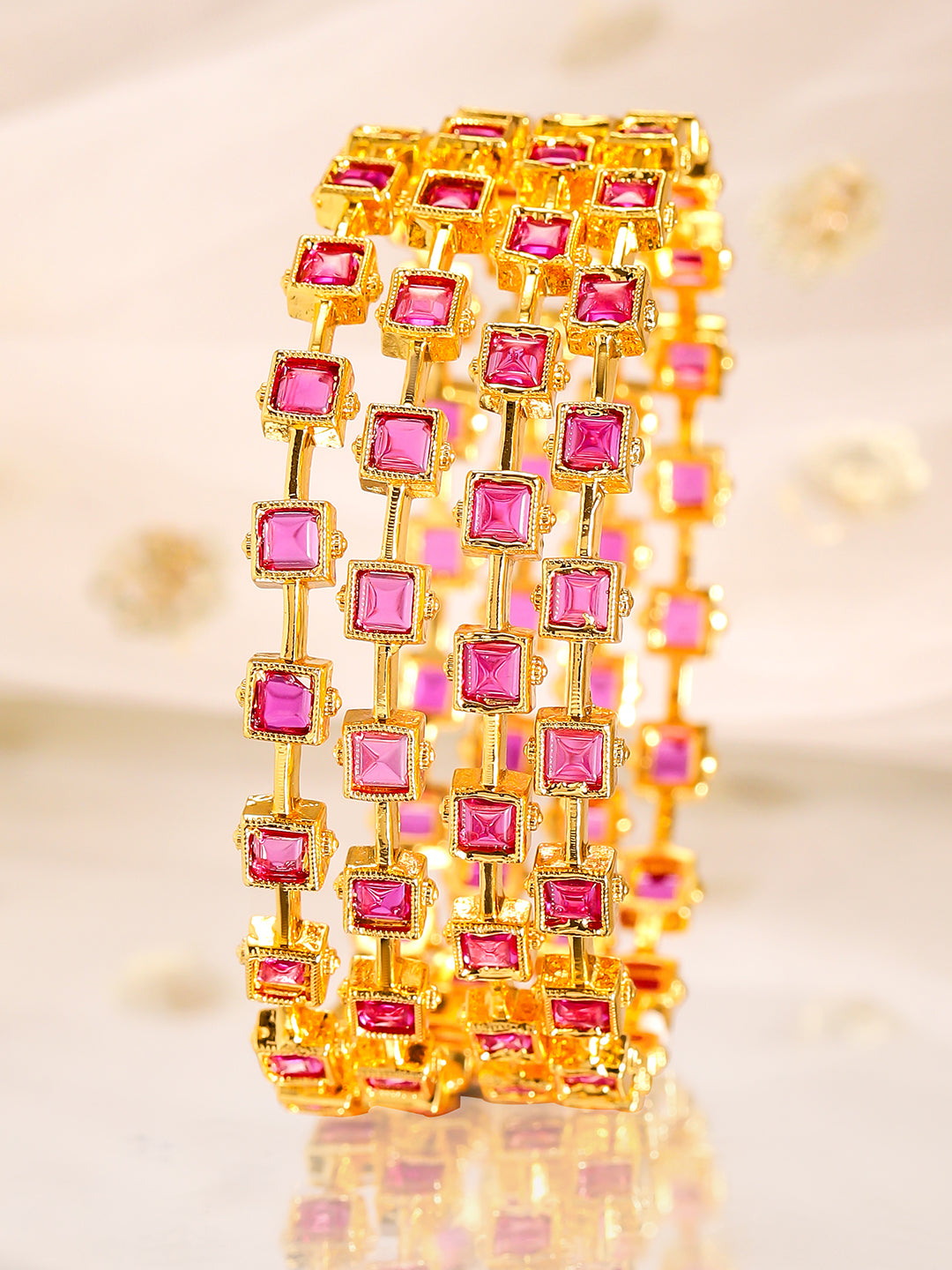Rubans Align Set Of 4 22K Gold-Plated Ruby Pink Stone-Studded  Classic Bangles 2.4 - Small