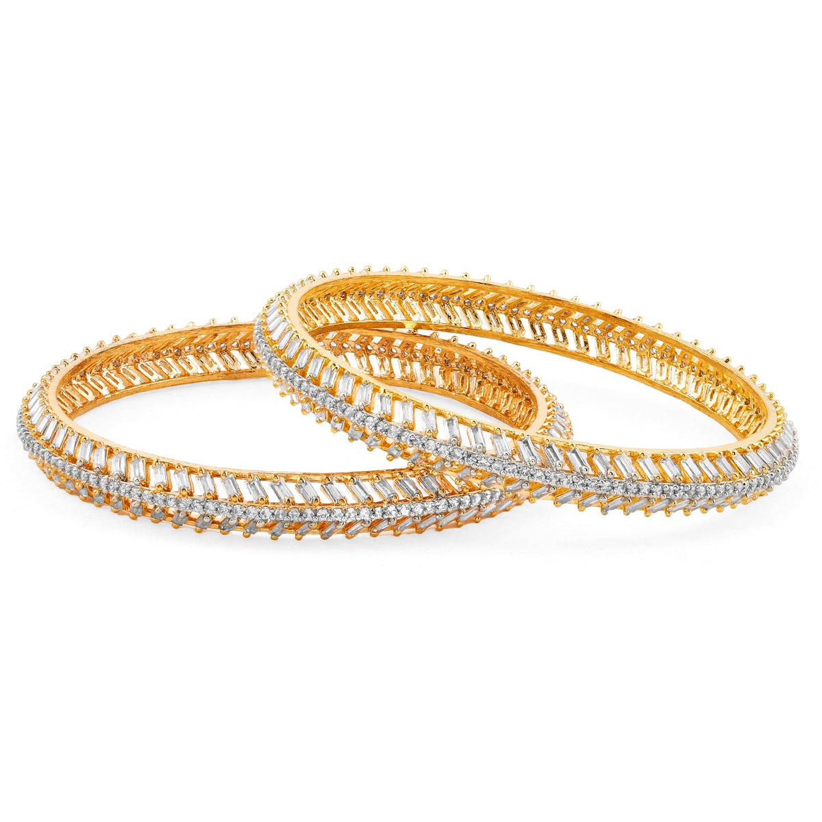 Rubans Set of 2 22K Gold-Plated Dual-Tone Cubic Zirconia Studded Handcrafted Premium Bangles 2.4 - Small