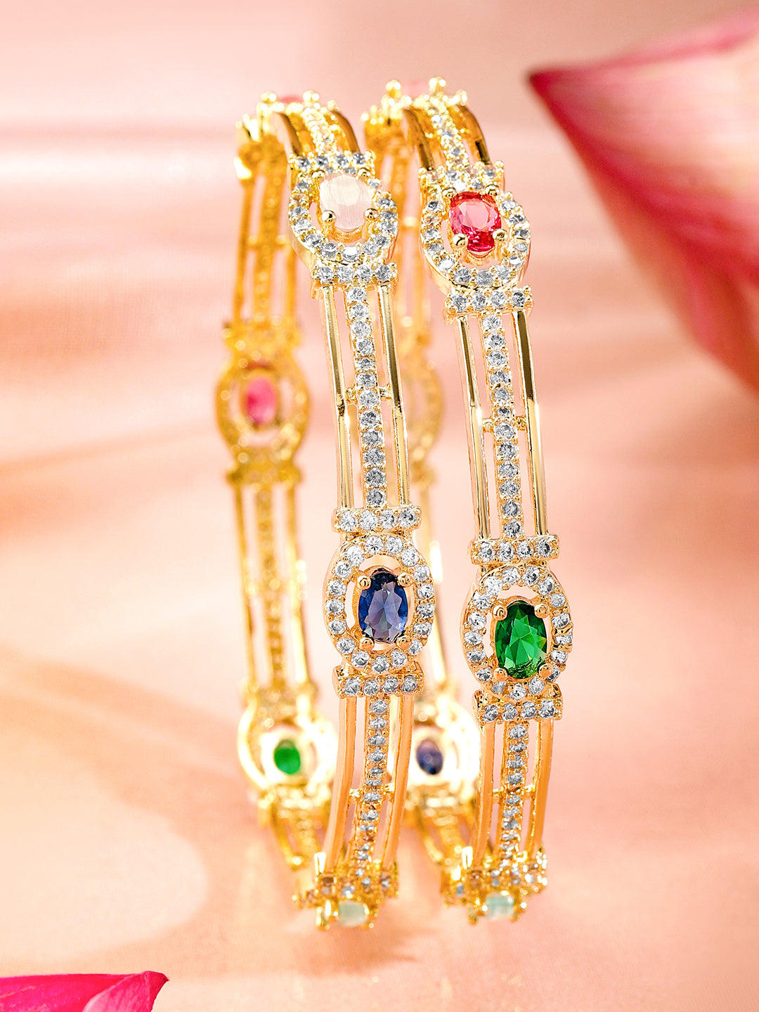 Rubans Set Of 2 22K Gold-Plated Multicolor Gemstone & Cubic Zirconia-Studded Bangles 2.4 - Small