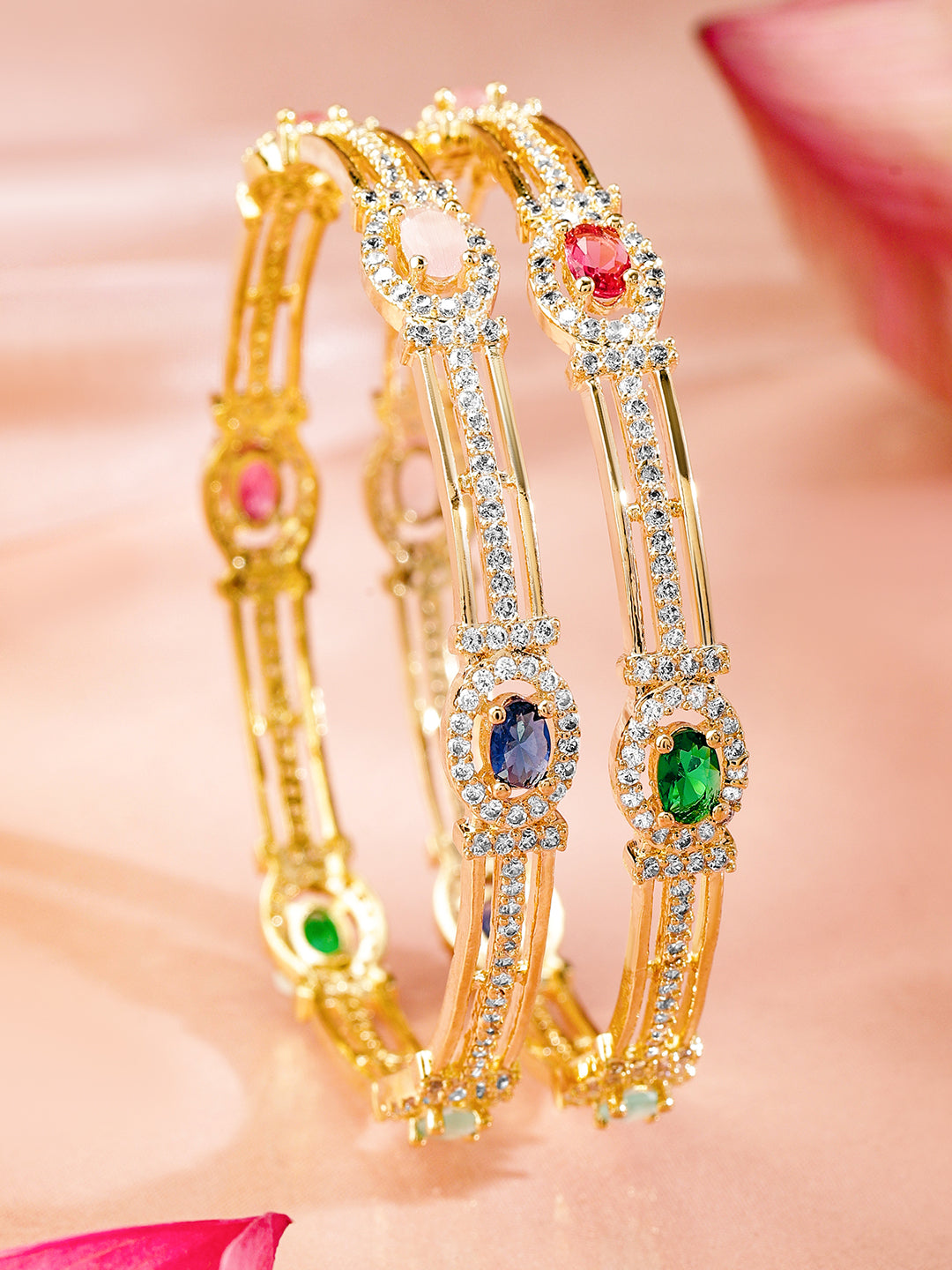 Rubans Set Of 2 22K Gold-Plated Multicolor Gemstone & Cubic Zirconia-Studded Bangles 2.4 - Small