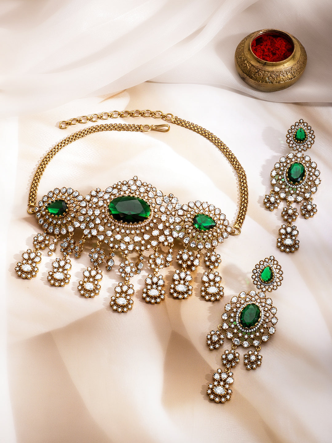 American Diamond Zirconia Emerald Choker Set フリーサイズ