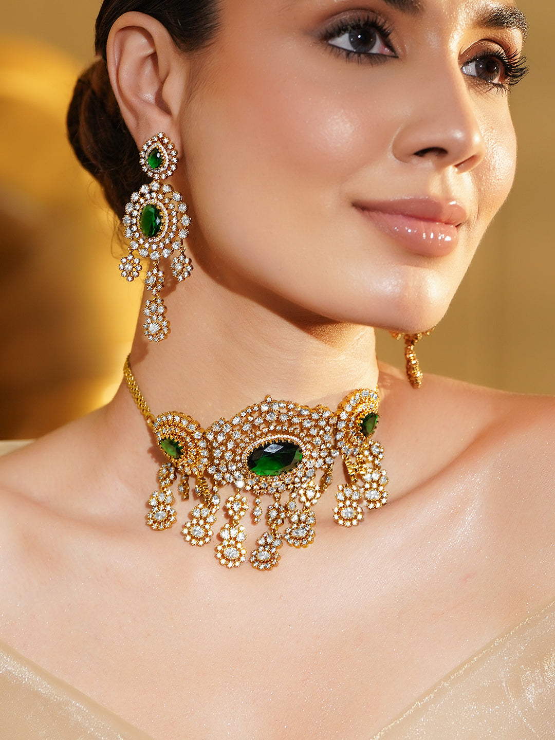 American Diamond Zirconia Emerald Choker Set フリーサイズ