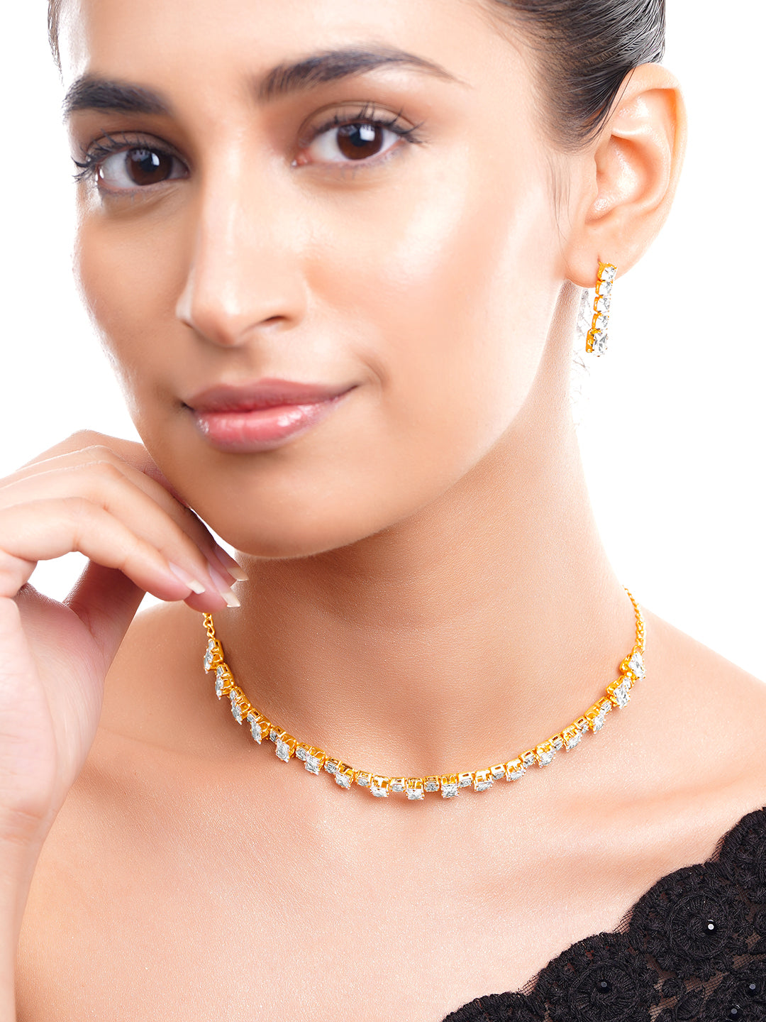 【Rubans】 Gold Plated Crystal Baguette Choker Necklace Set｜ゴールドメッキ クリスタル バゲット チョーカー ネックレスセット