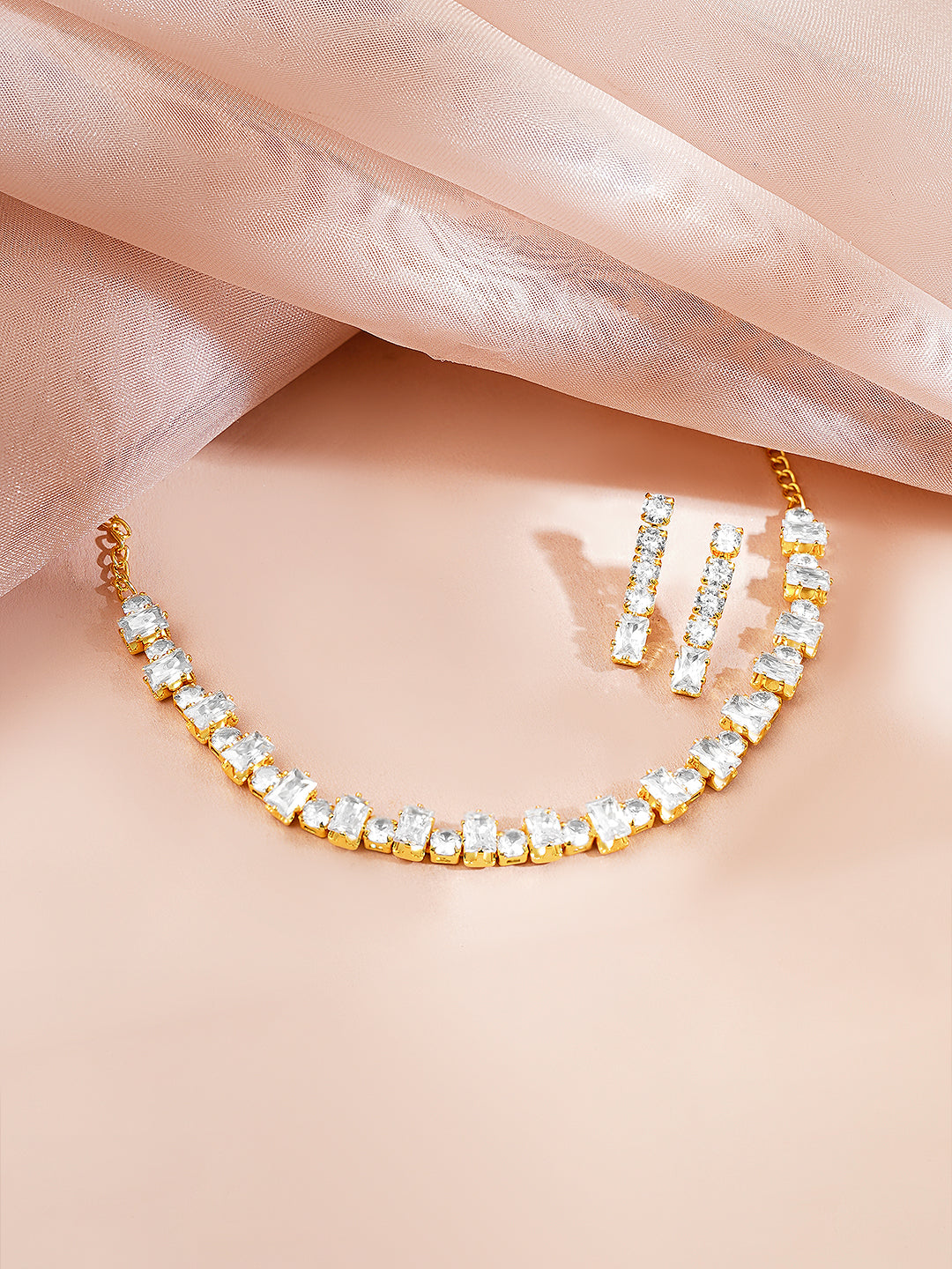 【Rubans】 Gold Plated Crystal Baguette Choker Necklace Set｜ゴールドメッキ クリスタル バゲット チョーカー ネックレスセット