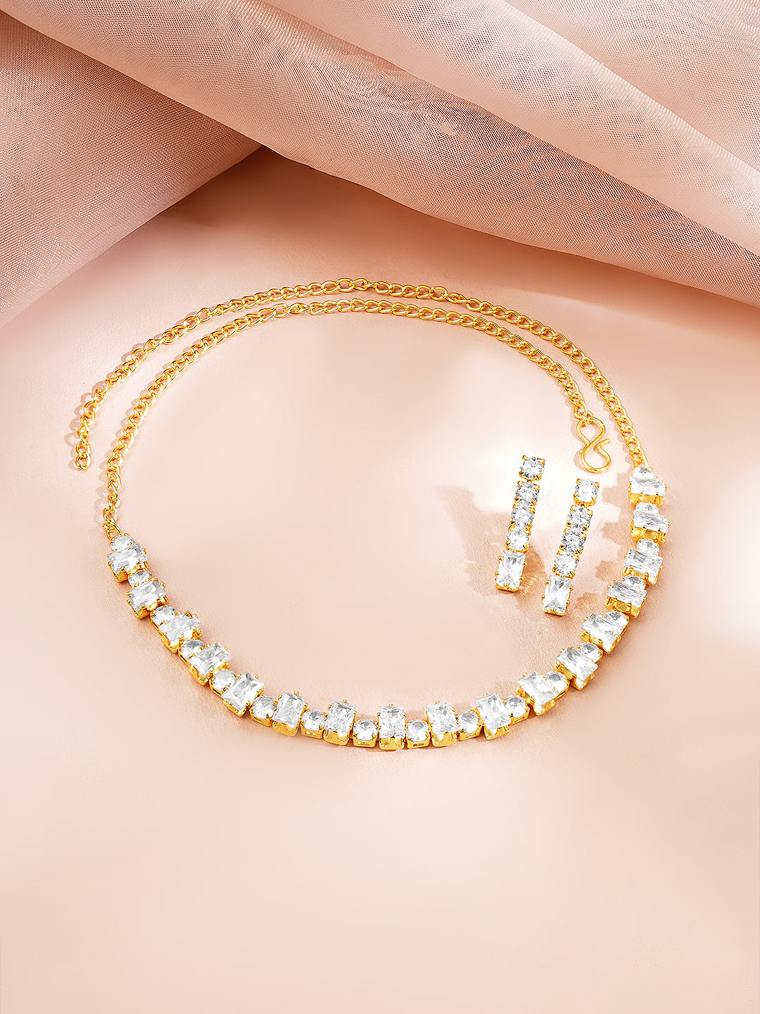 【Rubans】 Gold Plated Crystal Baguette Choker Necklace Set｜ゴールドメッキ クリスタル バゲット チョーカー ネックレスセット