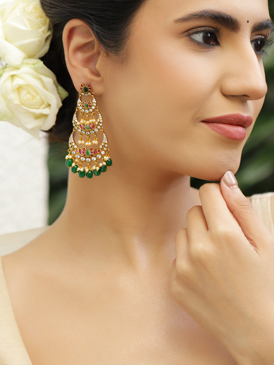 Multicolor Studded Green Beaded Dangler Earrings フリーサイズ