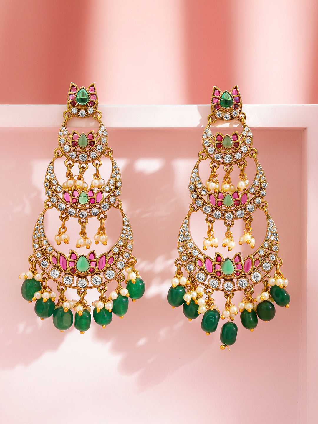 Multicolor Studded Green Beaded Dangler Earrings フリーサイズ