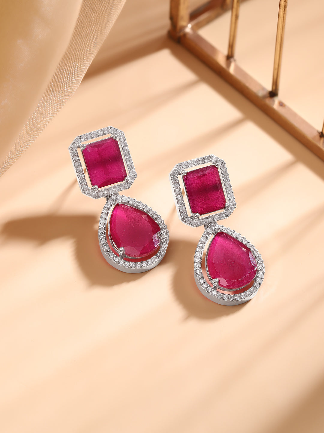 Premium Radiance American Diamond Zirconia Drop Earrings Red