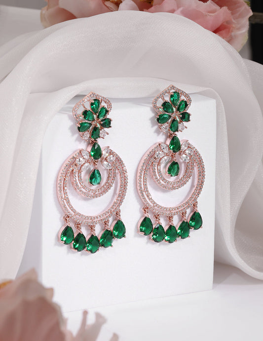 American Diamond Zirconia Green Dangler Earrings Gold