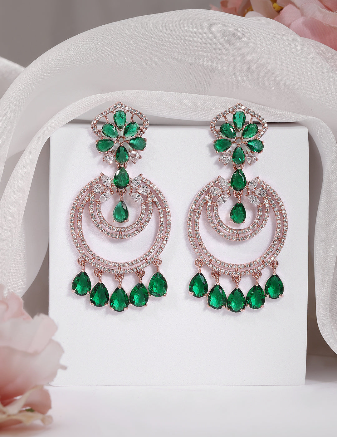 American Diamond Zirconia Green Dangler Earrings Gold