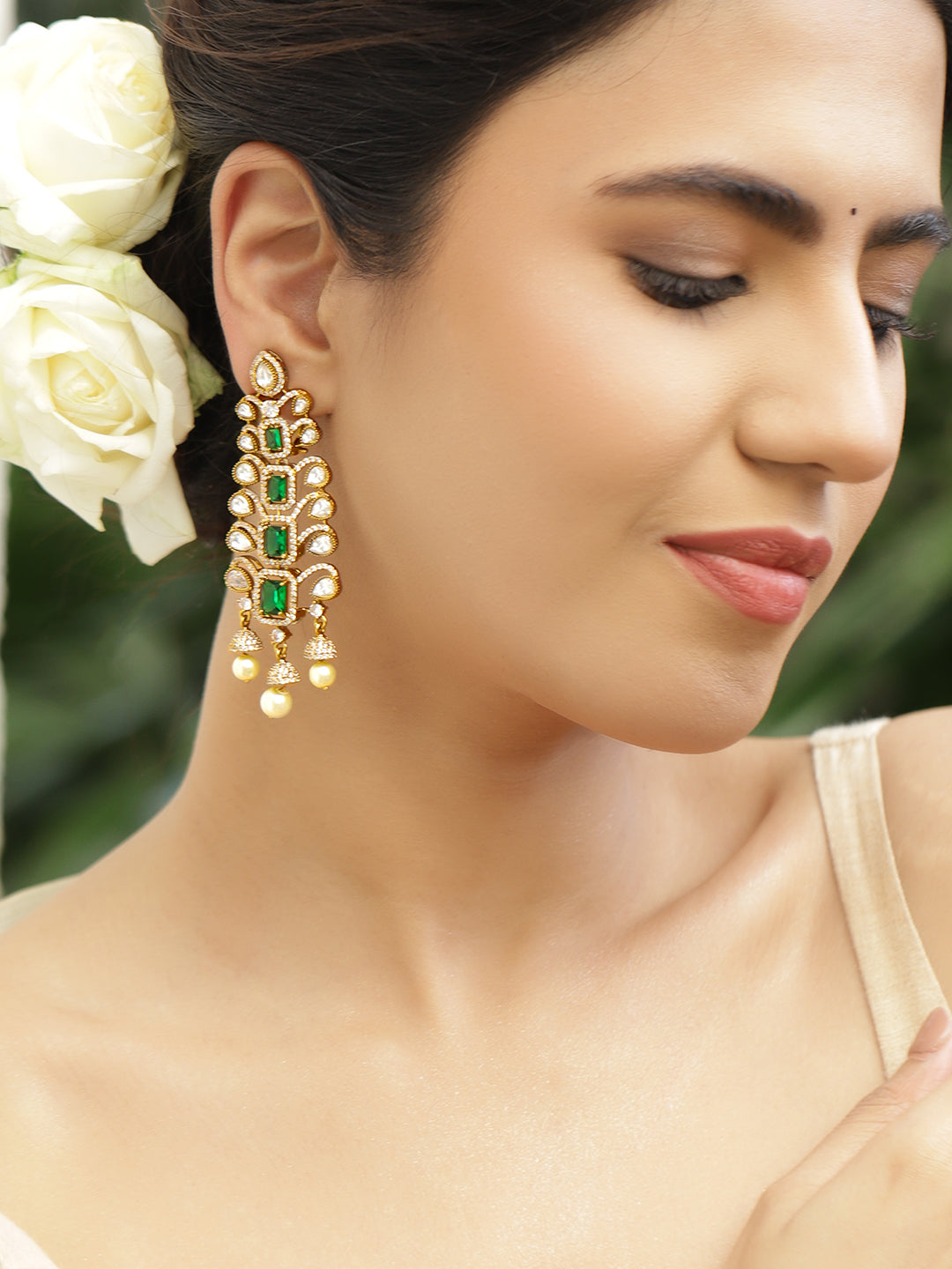 Green Studded Pearl Drop Dangler Earrings フリーサイズ