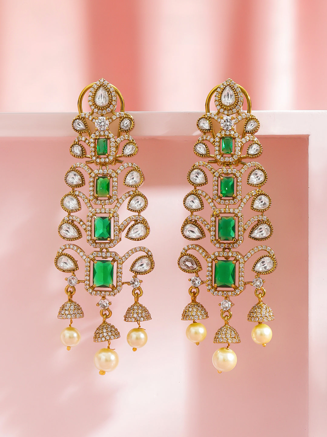 Green Studded Pearl Drop Dangler Earrings フリーサイズ