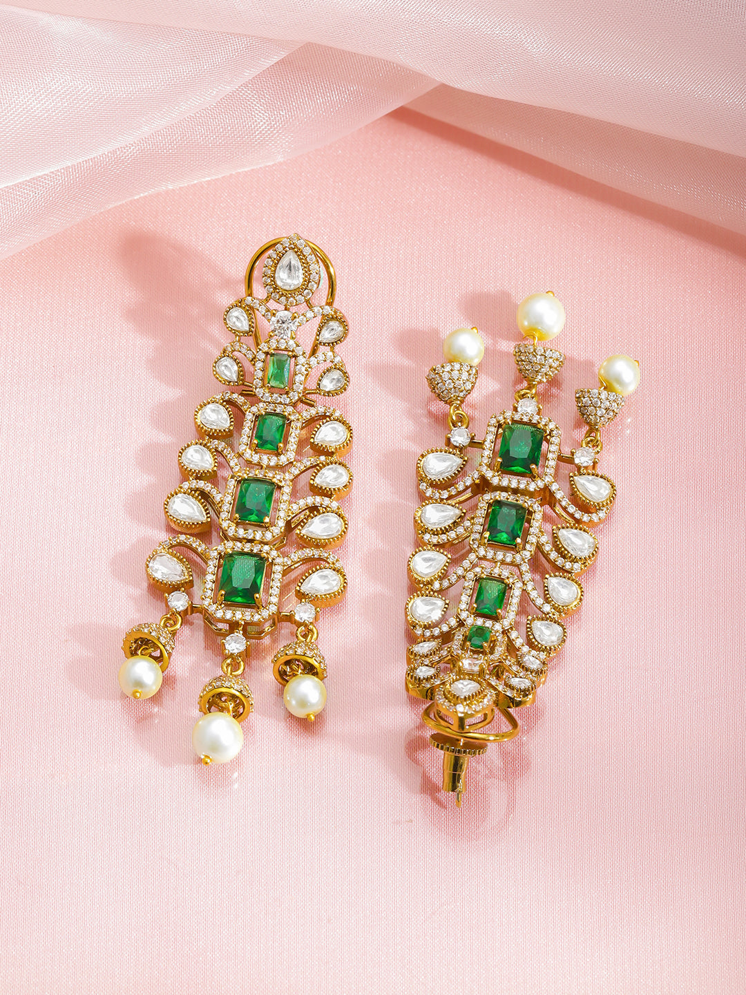 Green Studded Pearl Drop Dangler Earrings フリーサイズ