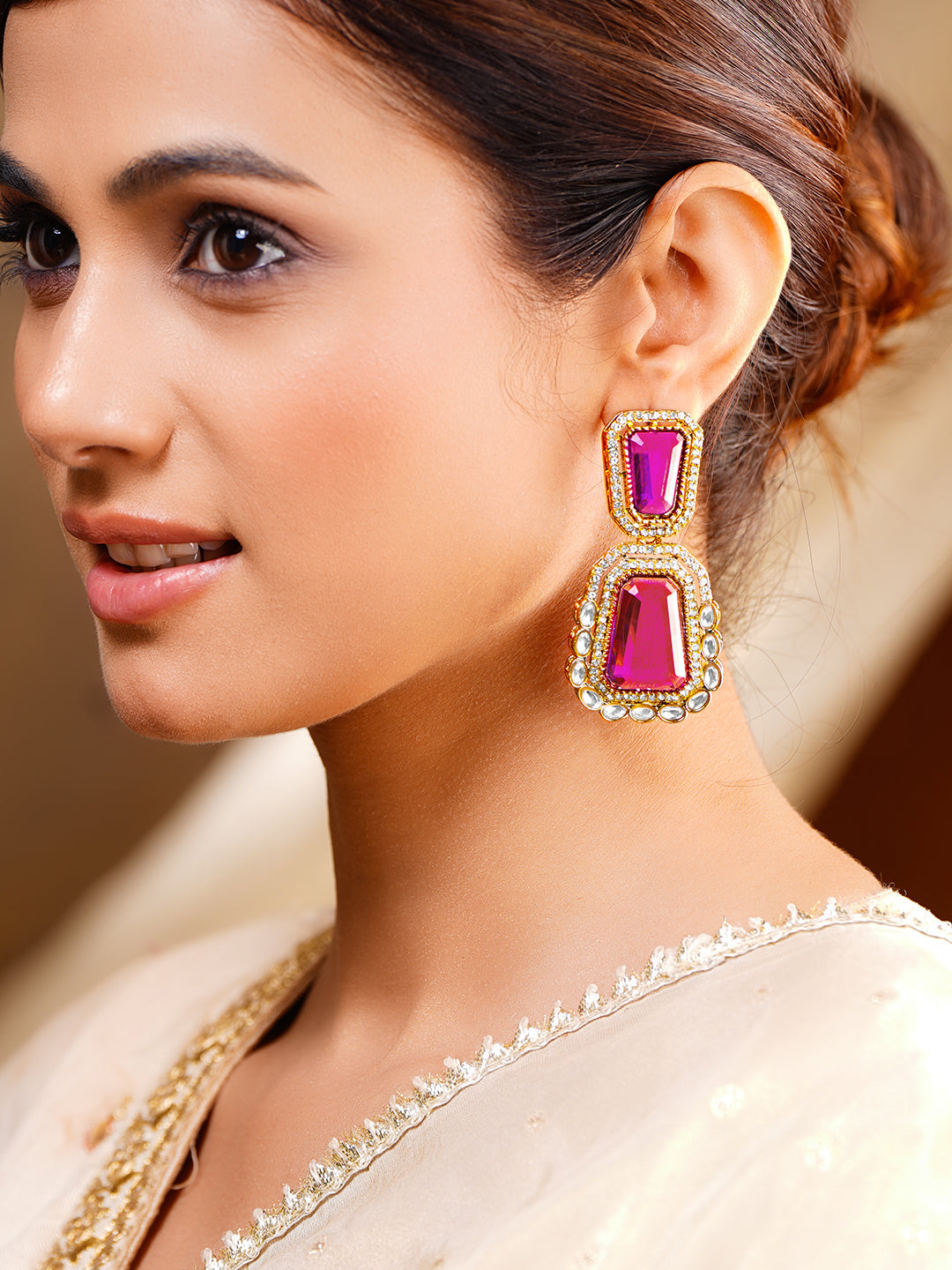 Deep Pink Gemstone Modern Drop Earrings フリーサイズ