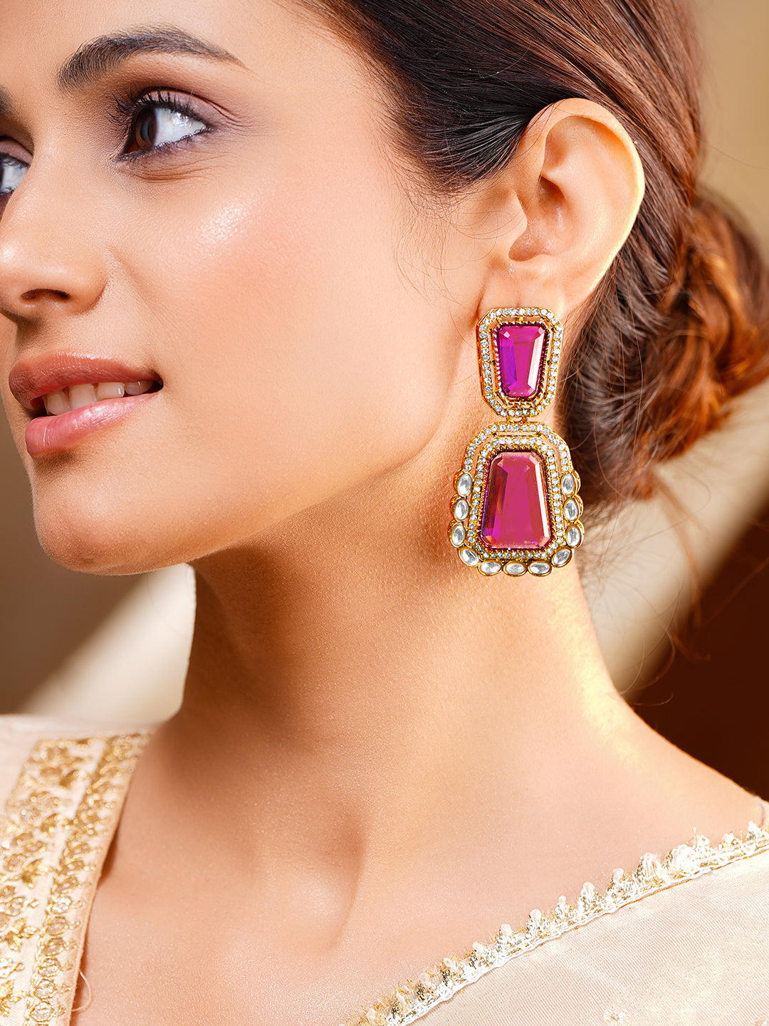 Deep Pink Gemstone Modern Drop Earrings フリーサイズ