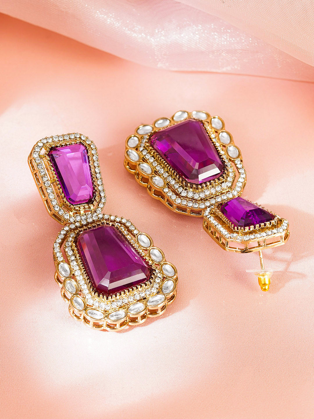 Deep Pink Gemstone Modern Drop Earrings フリーサイズ