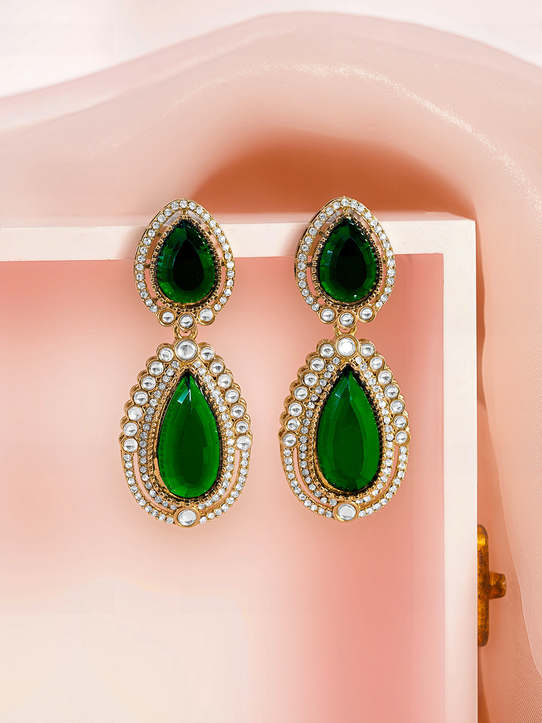 Emerald Zirconia Double Drop Earrings フリーサイズ