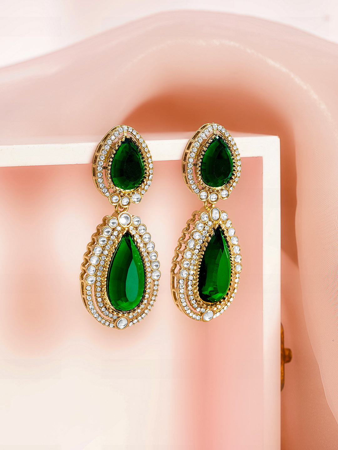 Emerald Zirconia Double Drop Earrings フリーサイズ