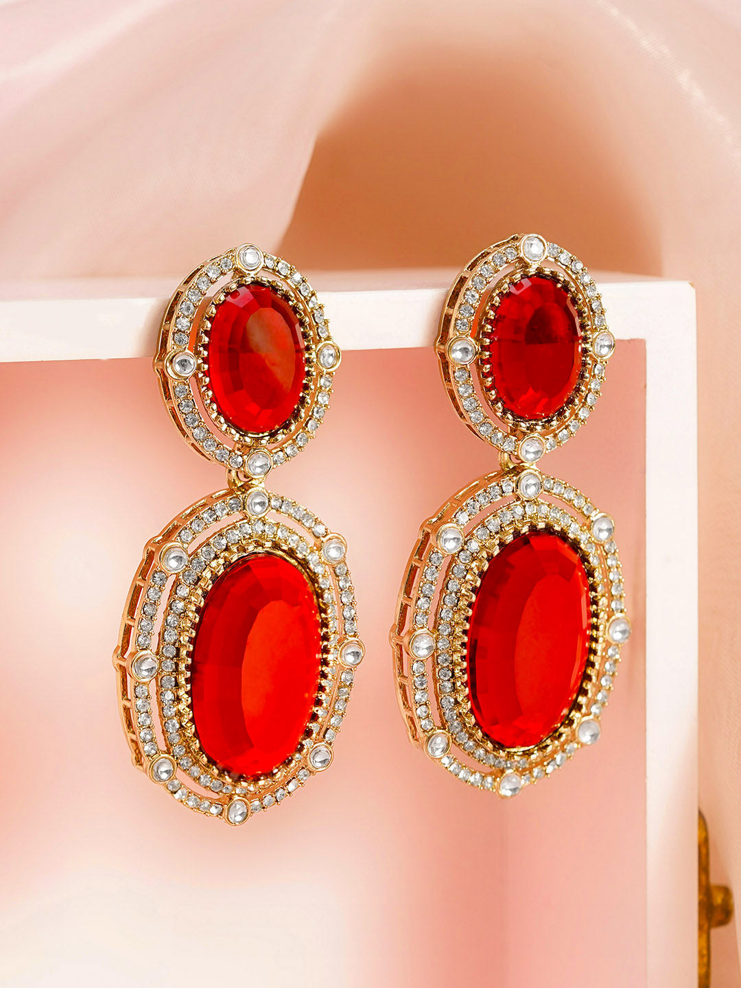 Ruby Zirconia Double Drop Earrings フリーサイズ