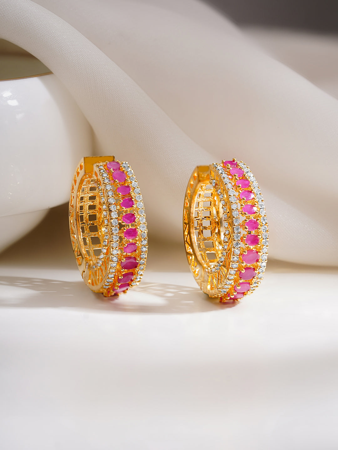 【Rubans】 Gold Plated American Diamond Zirconia Pink Hoop Earrings｜ゴールドメッキ アメリカンダイヤモンド ピンク フープイヤリング