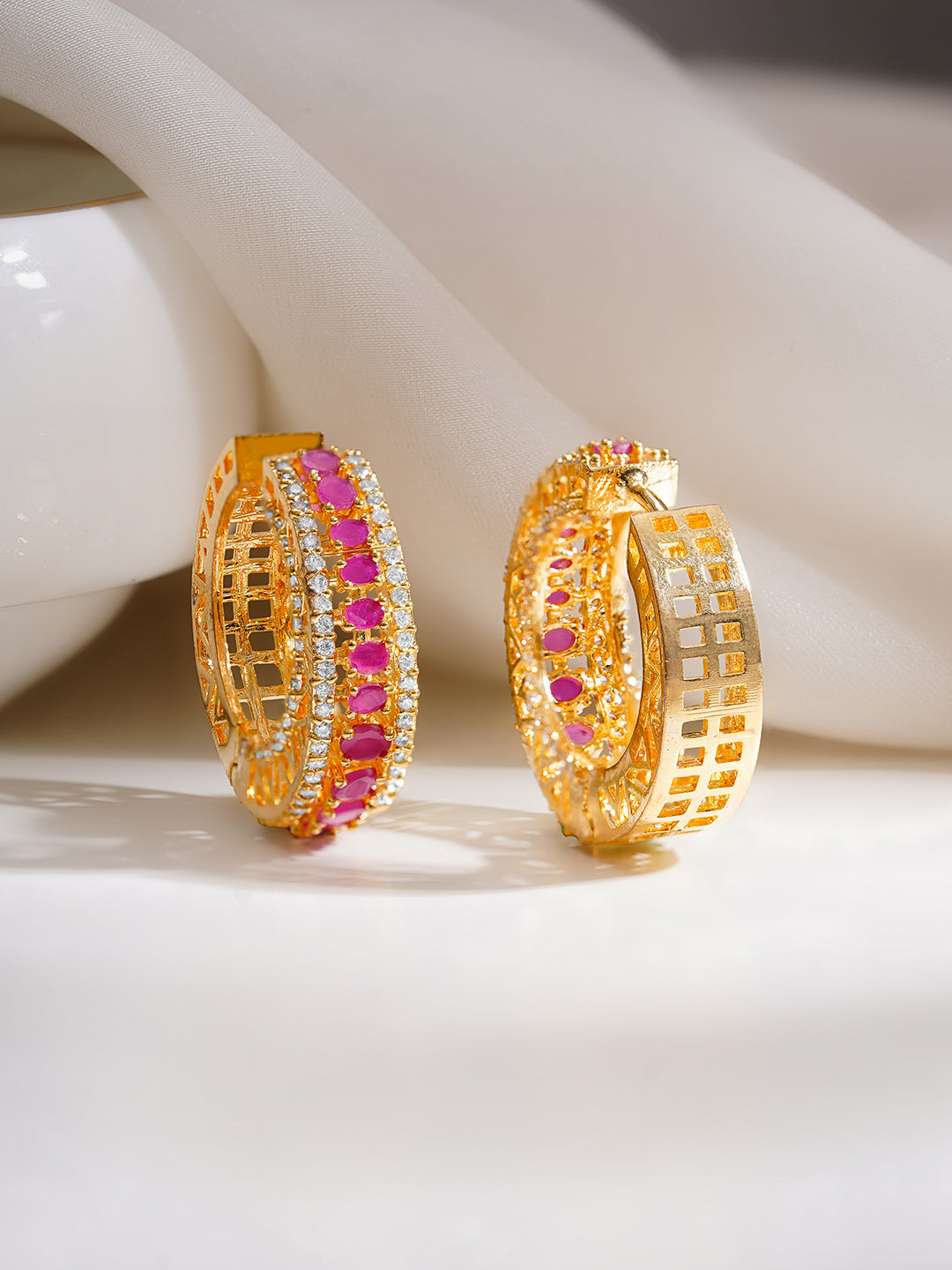 【Rubans】 Gold Plated American Diamond Zirconia Pink Hoop Earrings｜ゴールドメッキ アメリカンダイヤモンド ピンク フープイヤリング