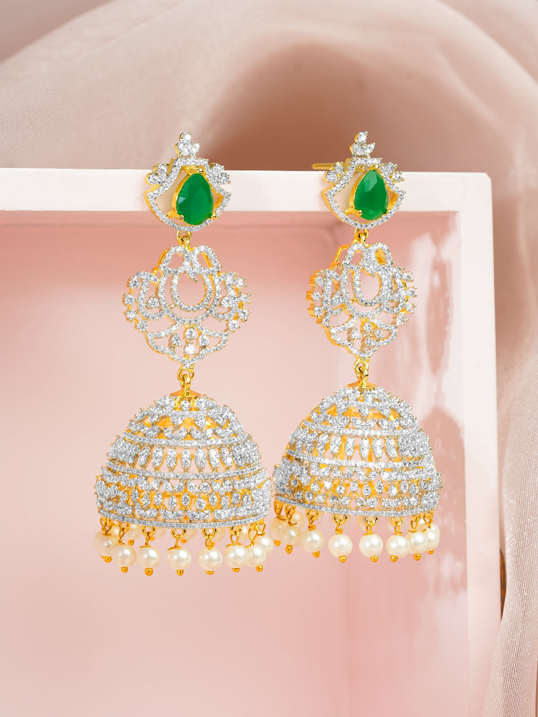 【Rubans】 Gold-Plated Cubic Zirconia Emerald Green Jhumka Earrings｜ゴールドメッキ キュービックジルコニア エメラルドグリーン ジュムカ
