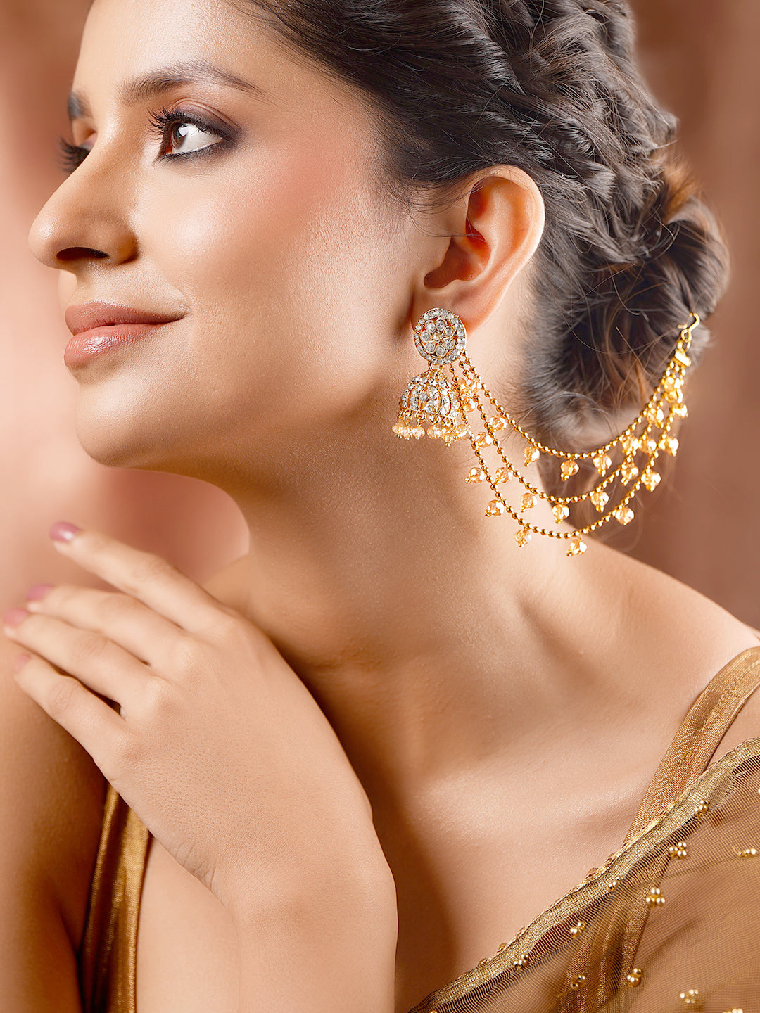 【Rubans】 Gold Plated Kundan Beaded Kaan Chain Jhumkas｜ゴールドメッキ クンダン ビーズ カーンチェーン ジュムカ