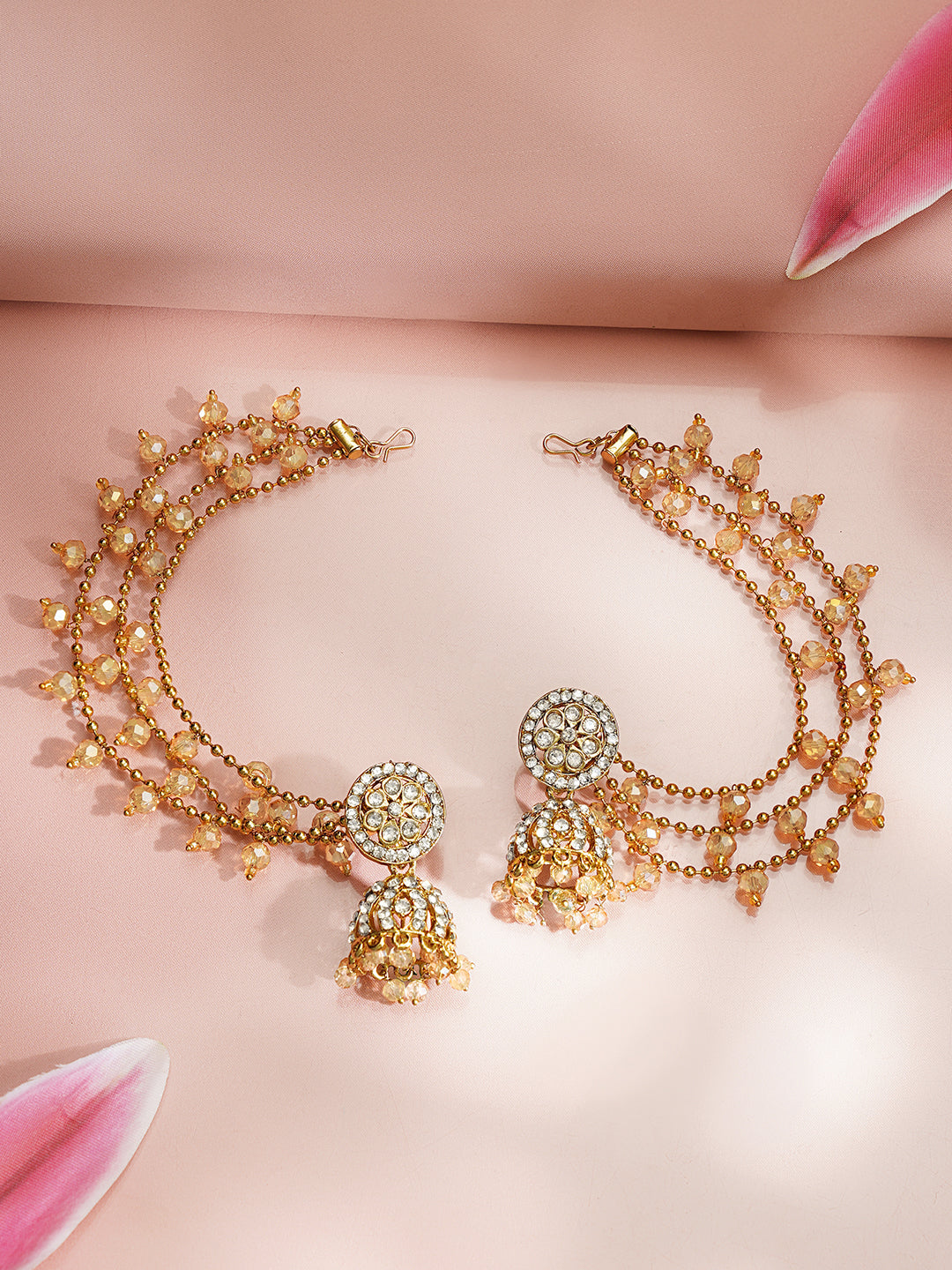 【Rubans】 Gold Plated Kundan Beaded Kaan Chain Jhumkas｜ゴールドメッキ クンダン ビーズ カーンチェーン ジュムカ