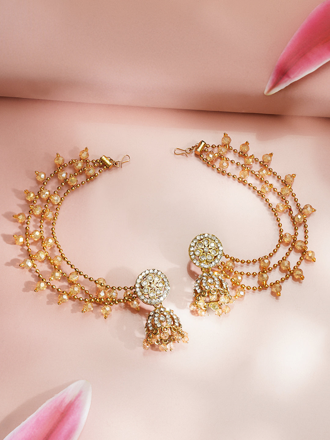 【Rubans】 Gold Plated Kundan Beaded Kaan Chain Jhumkas｜ゴールドメッキ クンダン ビーズ カーンチェーン ジュムカ