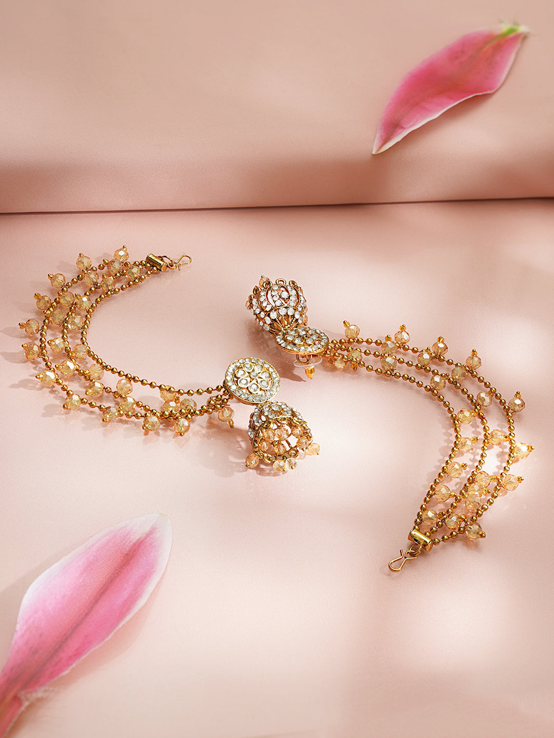 【Rubans】 Gold Plated Kundan Beaded Kaan Chain Jhumkas｜ゴールドメッキ クンダン ビーズ カーンチェーン ジュムカ