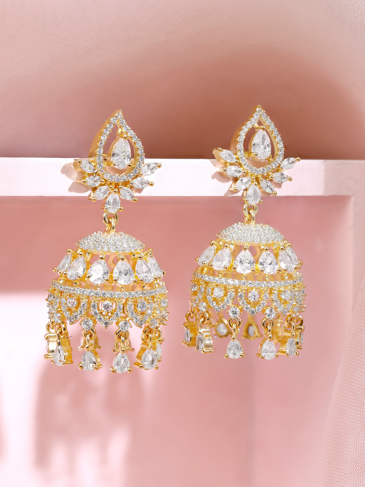 【Rubans】Gold Plated Bridal Radiance Cubic Zirconia Dome Jhumka Earrings｜ゴールドメッキ ブライダルラディアンス キュービックジルコニア ドーム ジュムカピアス
