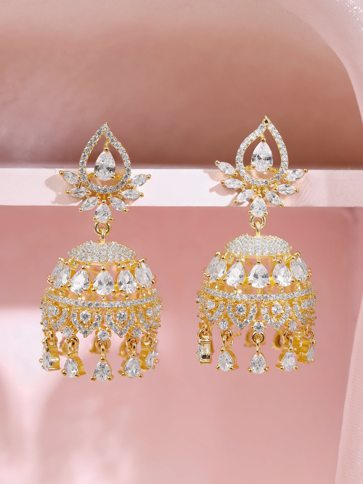 【Rubans】Gold Plated Bridal Radiance Cubic Zirconia Dome Jhumka Earrings｜ゴールドメッキ ブライダルラディアンス キュービックジルコニア ドーム ジュムカピアス