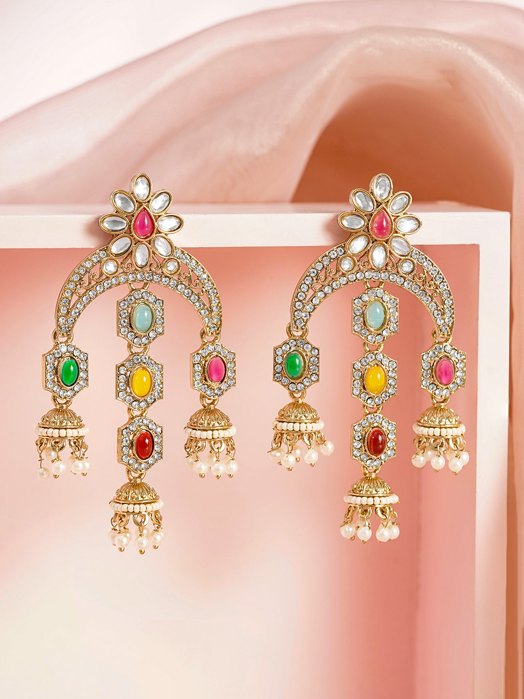 Multicolor Kundan Zirconia Chandelier Earrings フリーサイズ