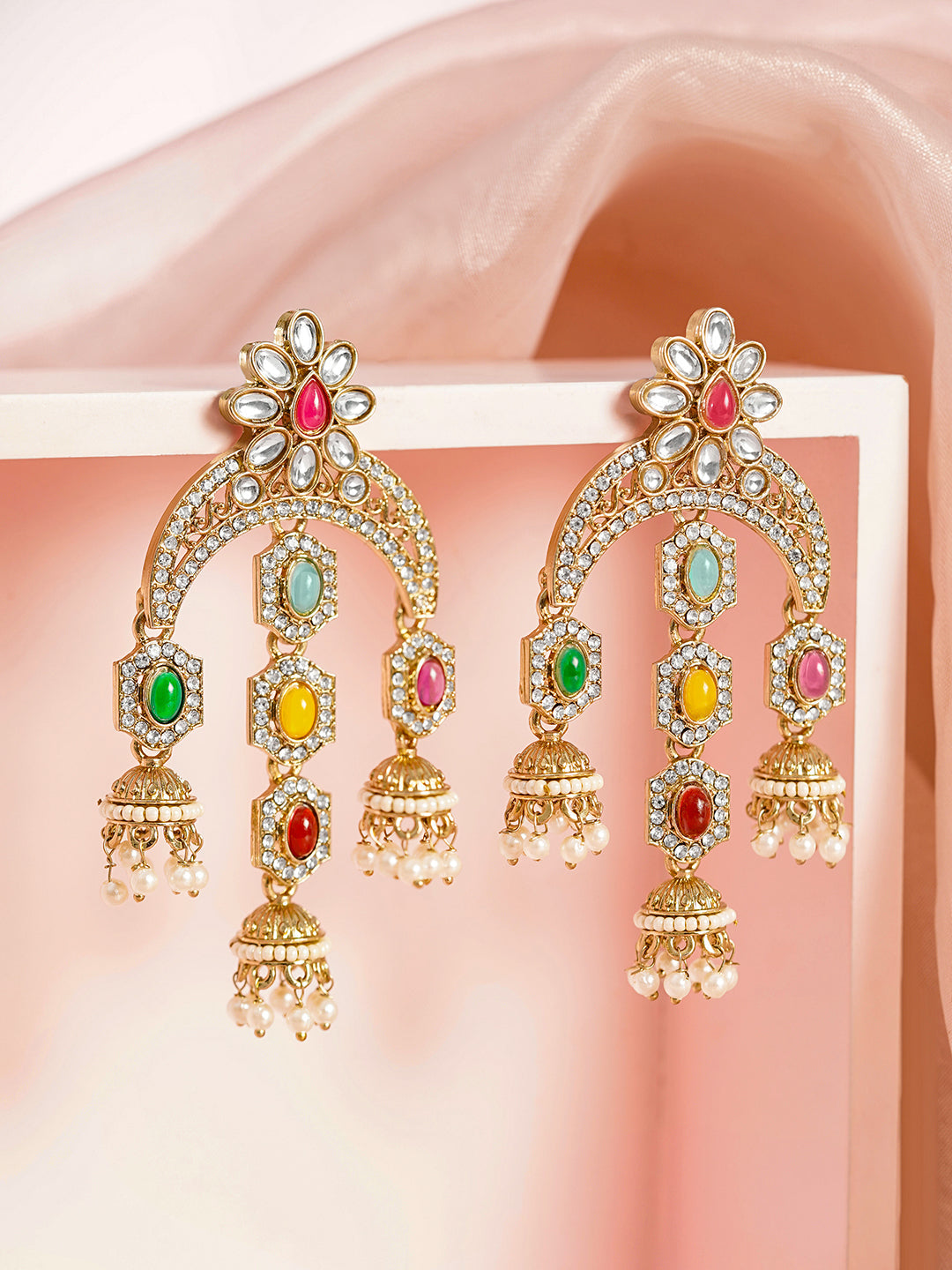 Multicolor Kundan Zirconia Chandelier Earrings フリーサイズ