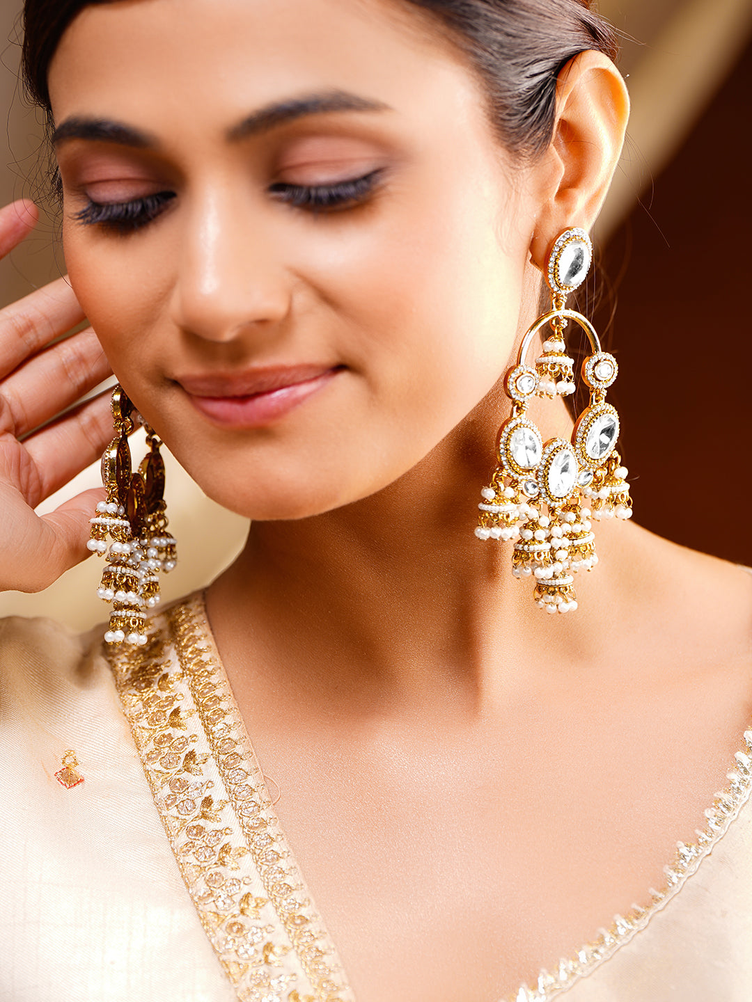 Pearl Glow Chandelier Jhumki Earrings Length - 11 cm