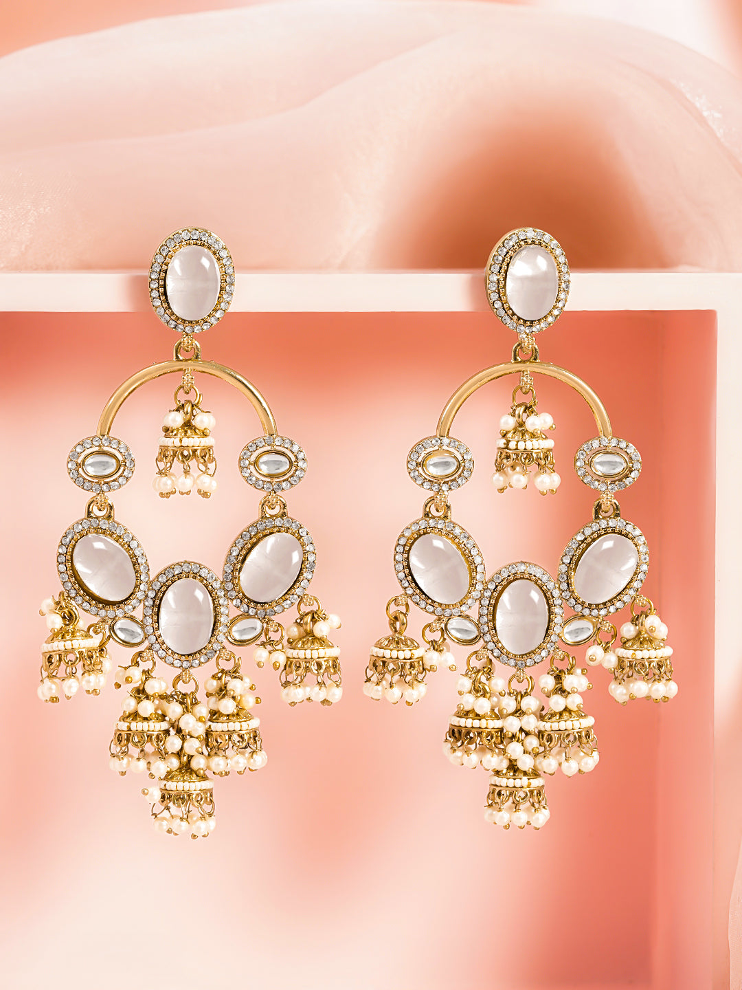 Pearl Glow Chandelier Jhumki Earrings Length - 11 cm