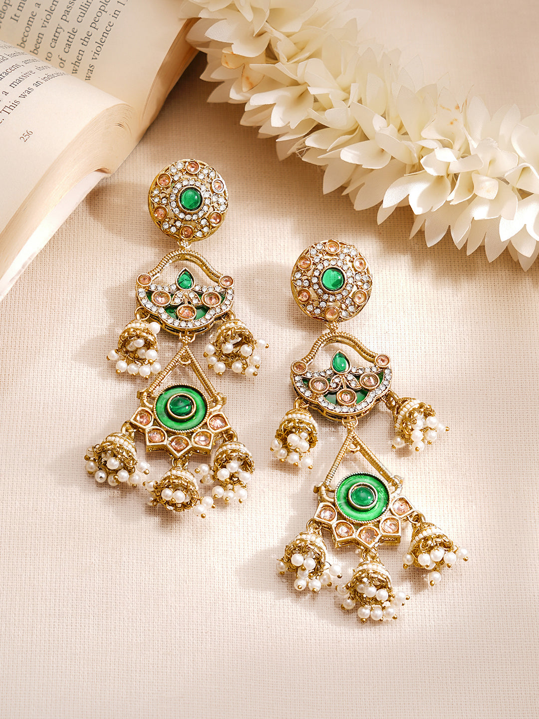【Rubans】 Gold Plated American Diamond Zirconia Multi Layered Emerald Green Duster Dangler Earrings｜ゴールドメッキ アメリカンダイヤモンド マルチレイヤー エメラルドグリーン ダスター ダングラー イヤリング