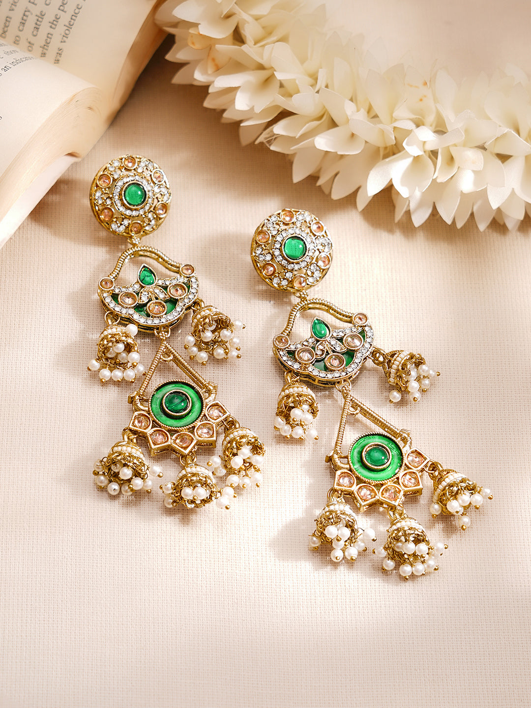 【Rubans】 Gold Plated American Diamond Zirconia Multi Layered Emerald Green Duster Dangler Earrings｜ゴールドメッキ アメリカンダイヤモンド マルチレイヤー エメラルドグリーン ダスター ダングラー イヤリング