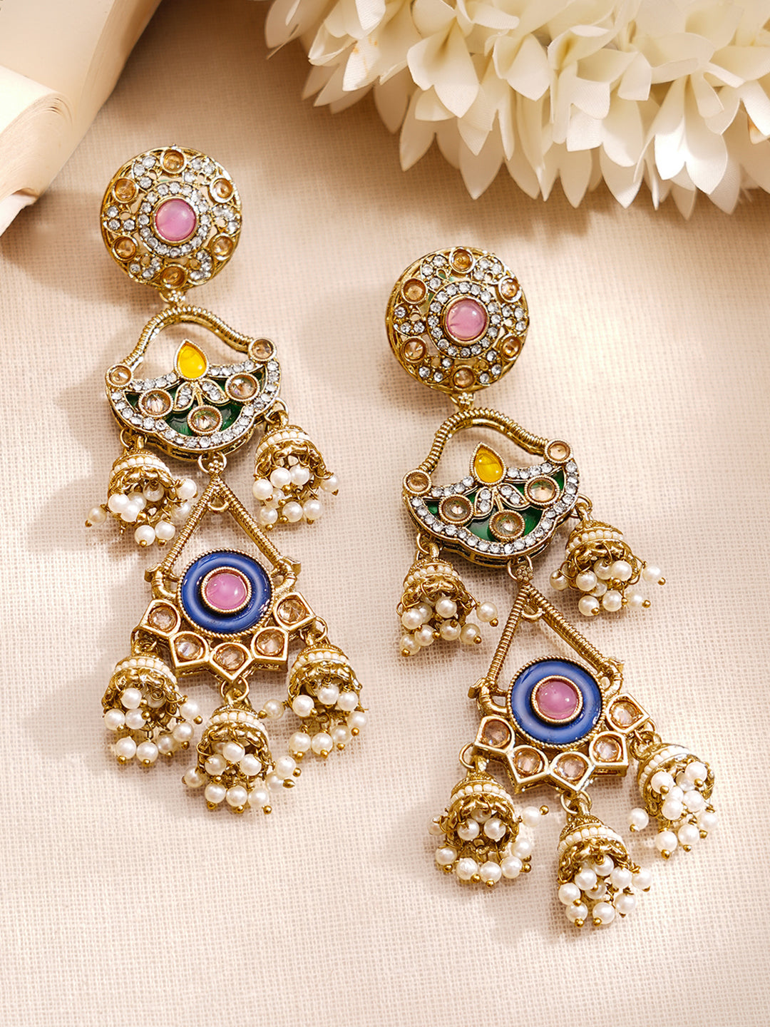 【Rubans】 Gold Plated Multi Layered Pearl Drop Dangler Jhumkas｜ゴールドメッキ マルチレイヤー パールドロップ ダングラー ジュムカ