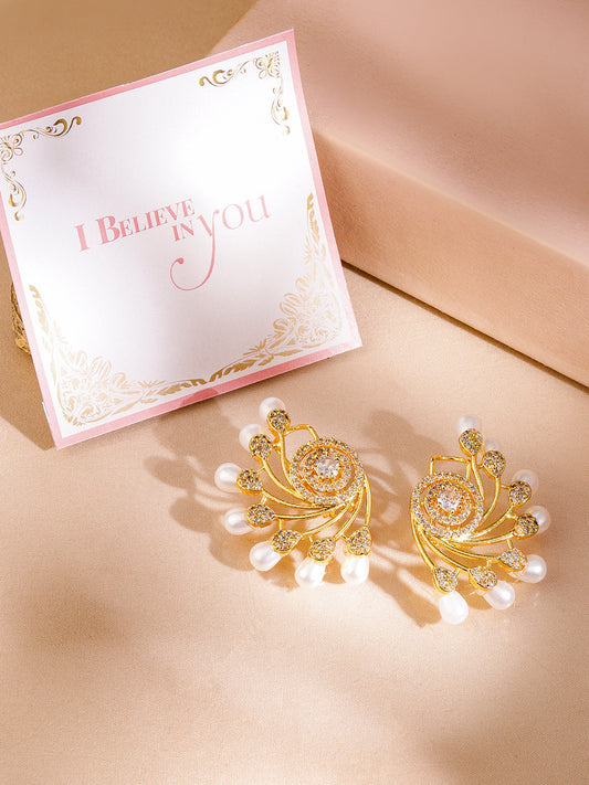 Twinkling Floral American Diamond Zirconia Studs Gold