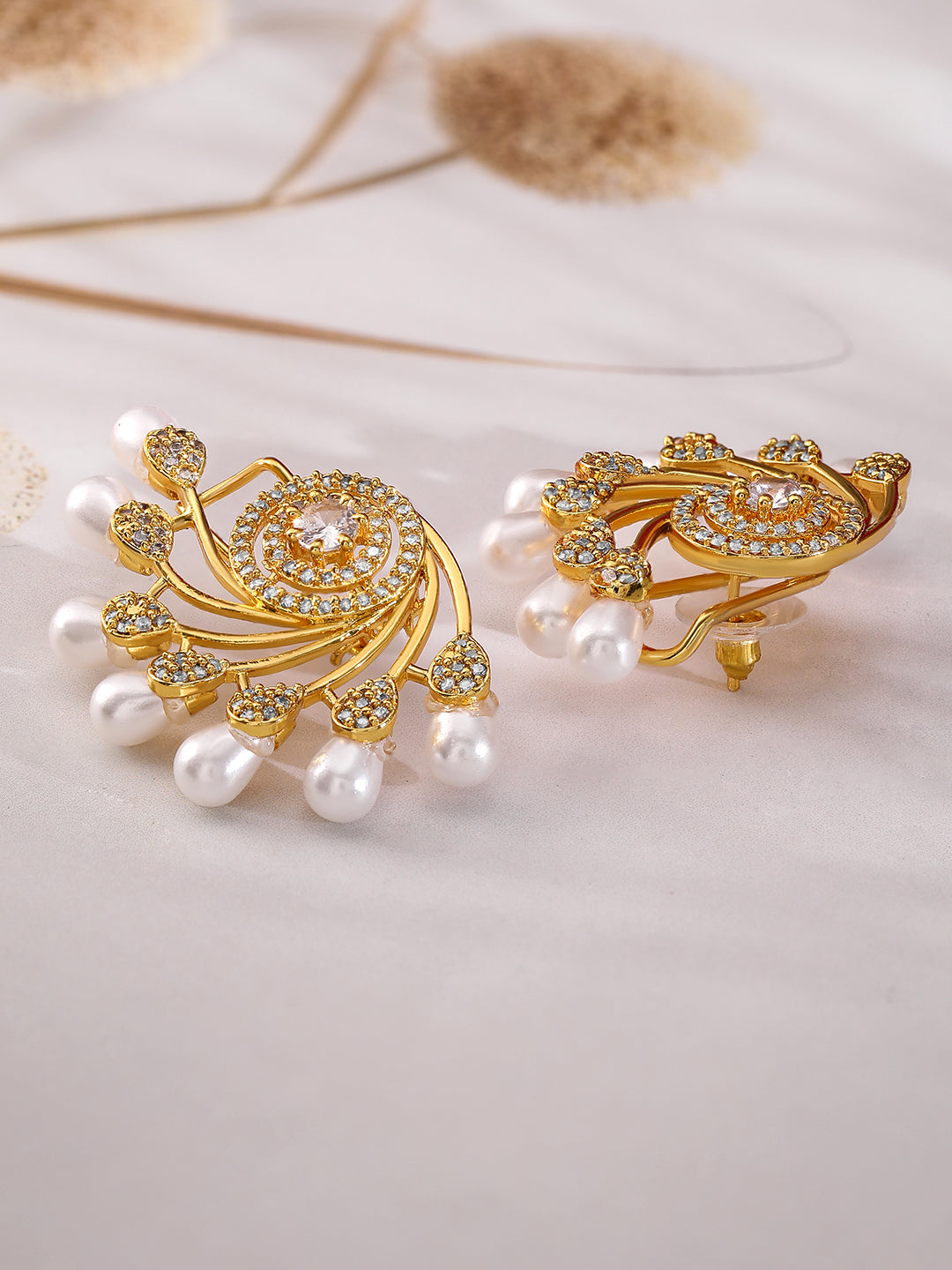 Twinkling Floral American Diamond Zirconia Studs Gold
