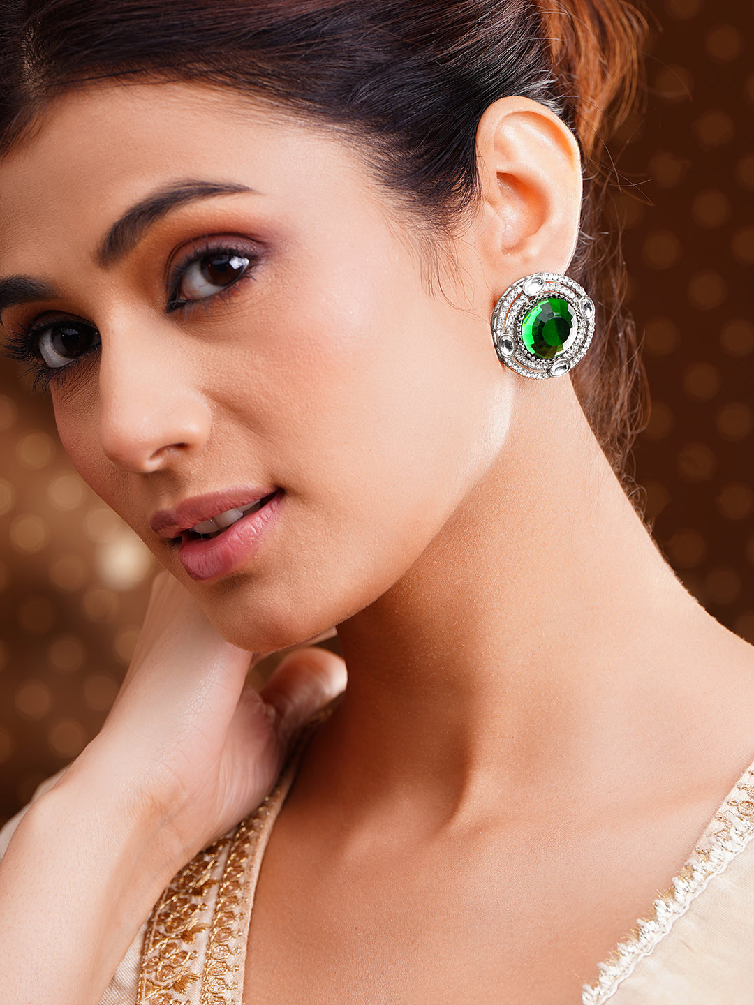 Emerald Glow Oversized Statement Stud フリーサイズ