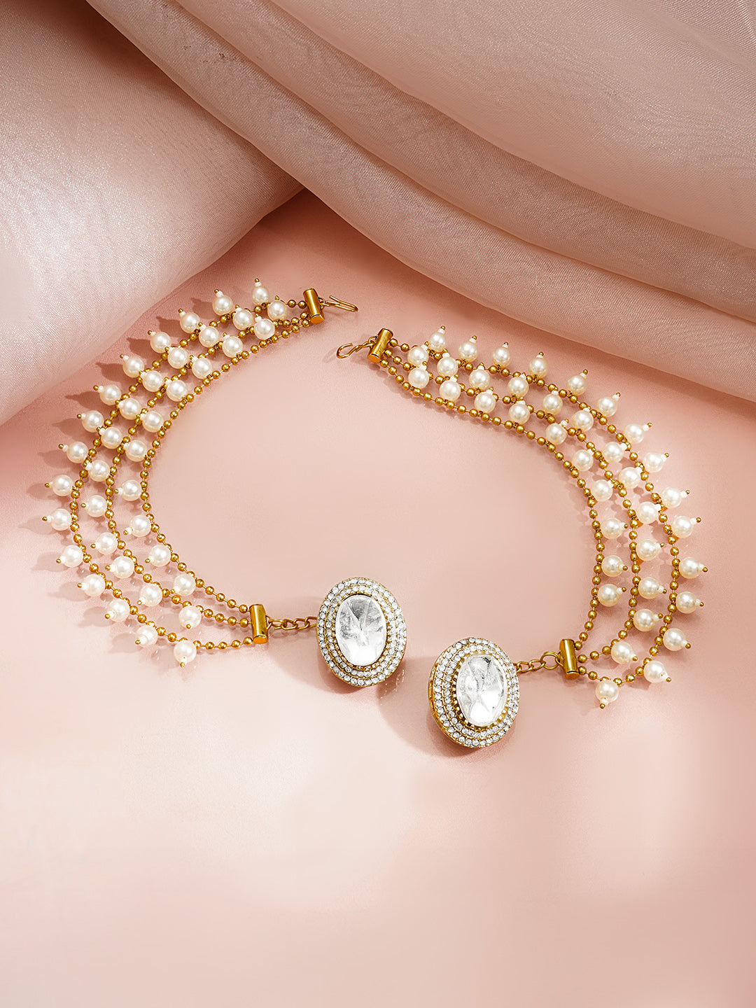 【Rubans】 Gold Plated Pearl Detailed Kundan Kaan Chain Earrings｜ゴールドメッキ パール クンダン カーンチェーン イヤリング