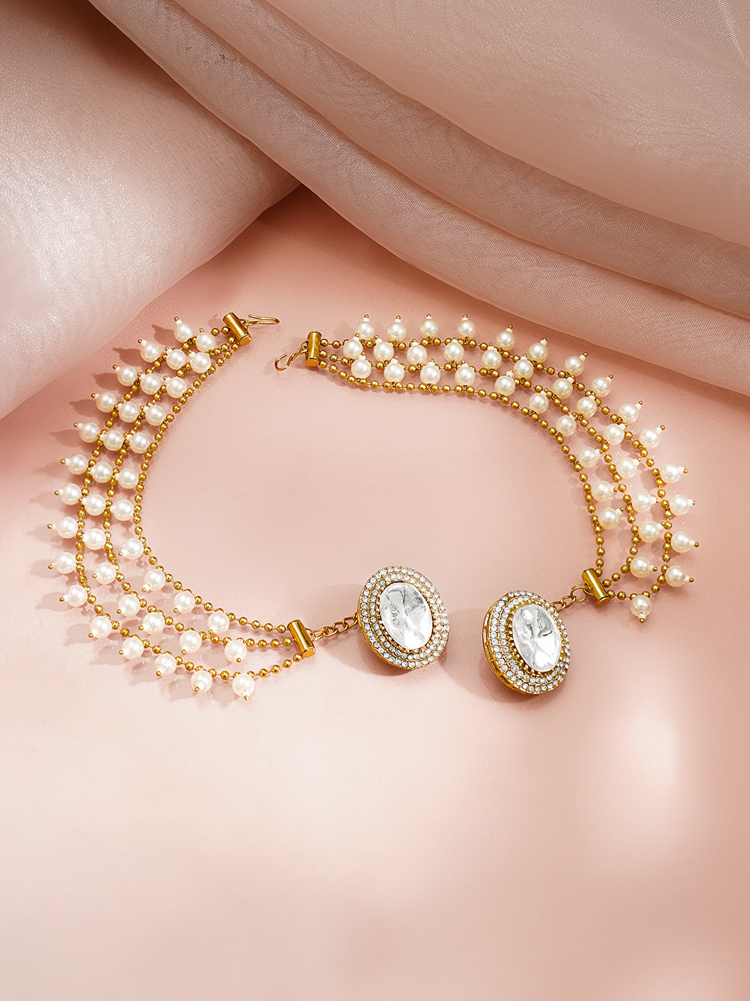 【Rubans】 Gold Plated Pearl Detailed Kundan Kaan Chain Earrings｜ゴールドメッキ パール クンダン カーンチェーン イヤリング