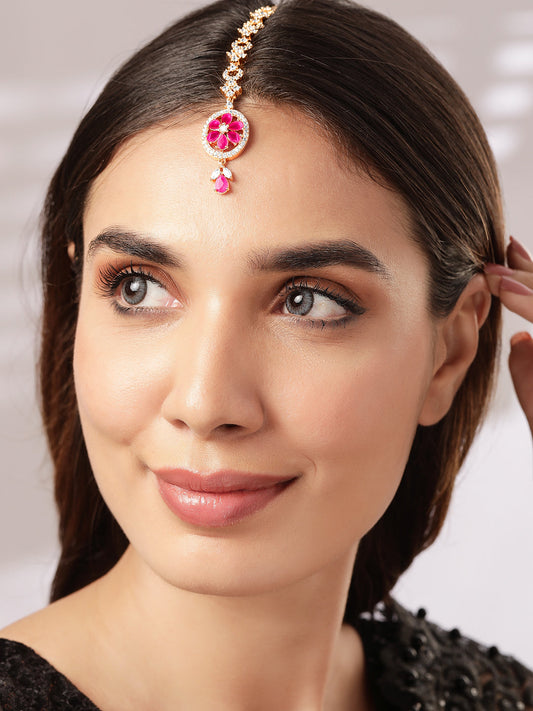 Rubans Women 22K Rose Gold-Plated Ruby Pink & White Cubic Zirconia Studded Handcrafted Maang Tikka Pink