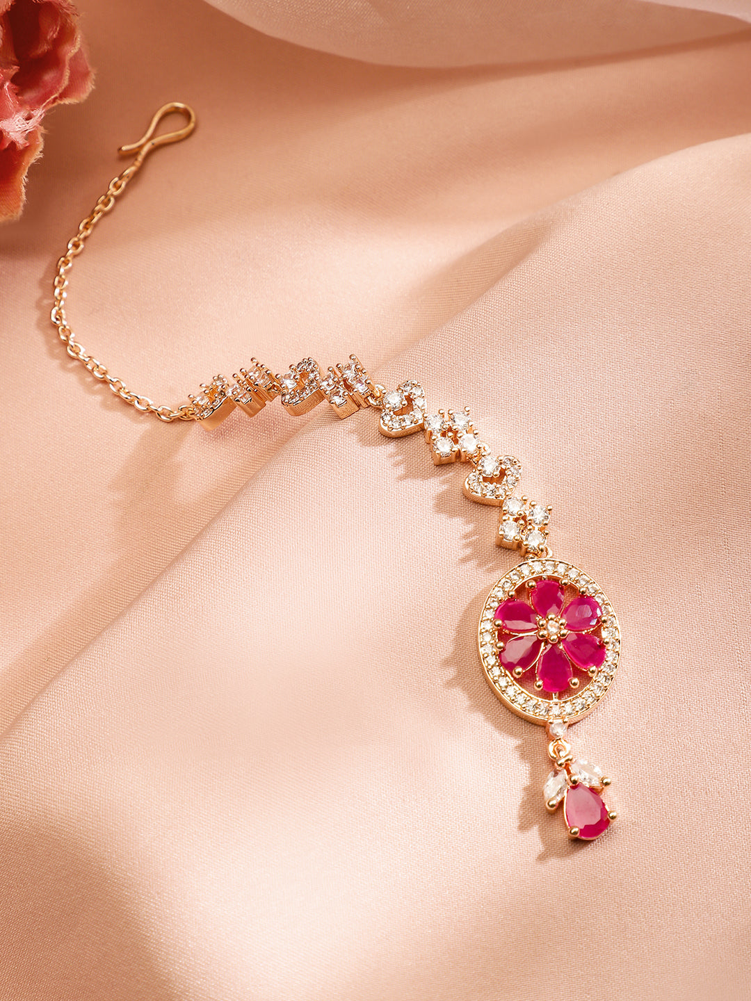 Rubans Women 22K Rose Gold-Plated Ruby Pink & White Cubic Zirconia Studded Handcrafted Maang Tikka Pink